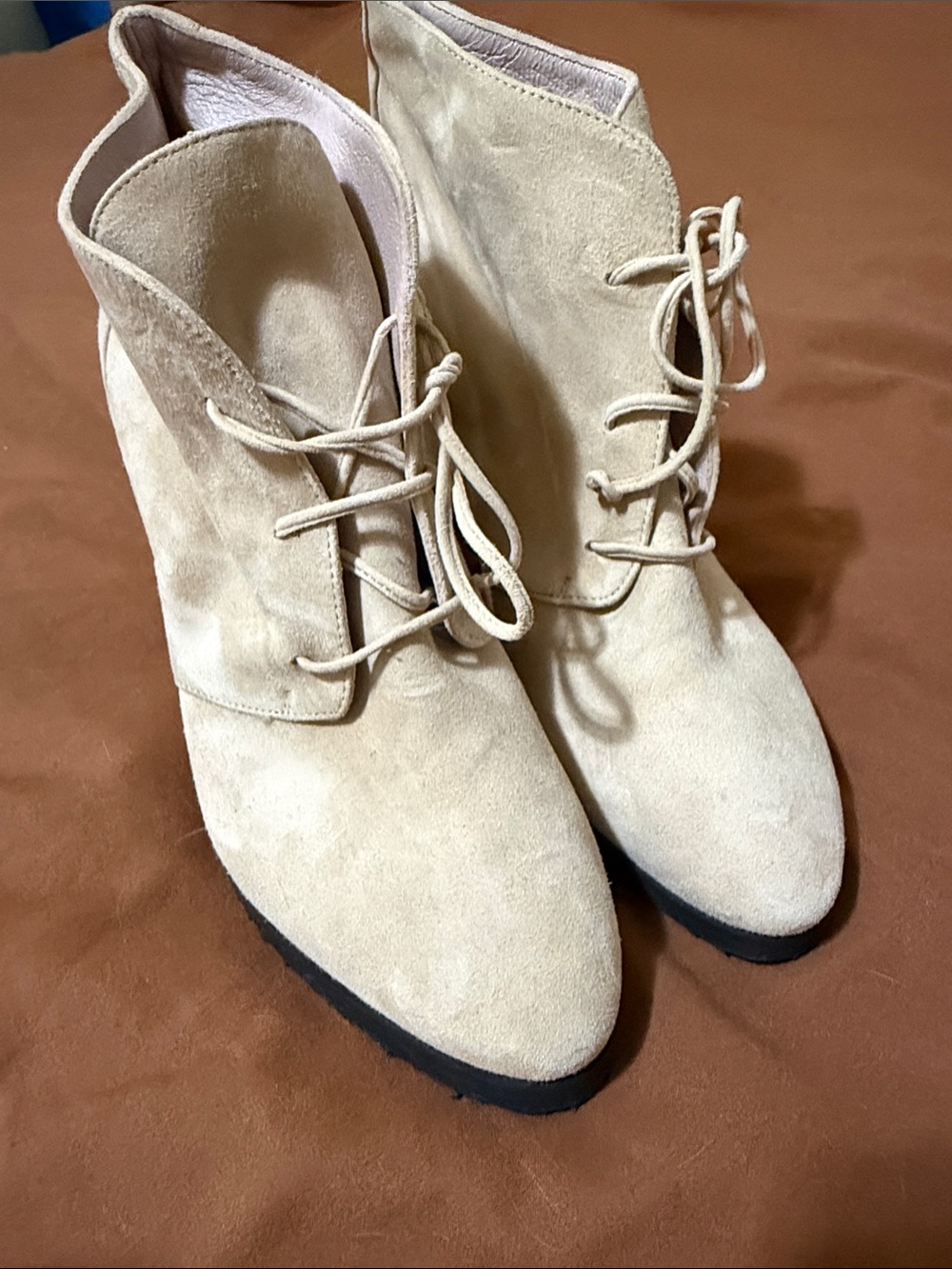 Taryn Rose Beige Suede Wedge Ankle Boots - Women's Lace-Up